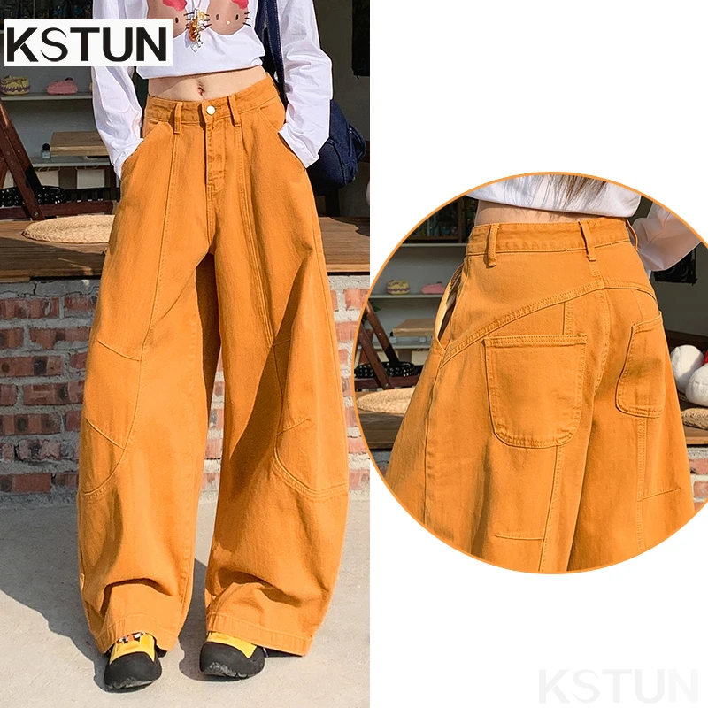 

KSTUN 2026 Women's Baggy Jeans Orange Sickle Pants for Women Curved-Hem Wide-Leg Trousers Patchwork Girl Americian Vintage Jeans
