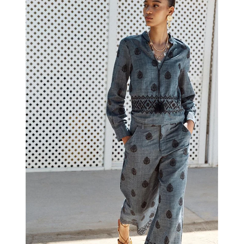 

Хлопковые длинные свеки с вышивкой, круглый топ, высокая талия, широкие повседневные брюки, комплект из двух предметов, весенняя женская одежда Faion