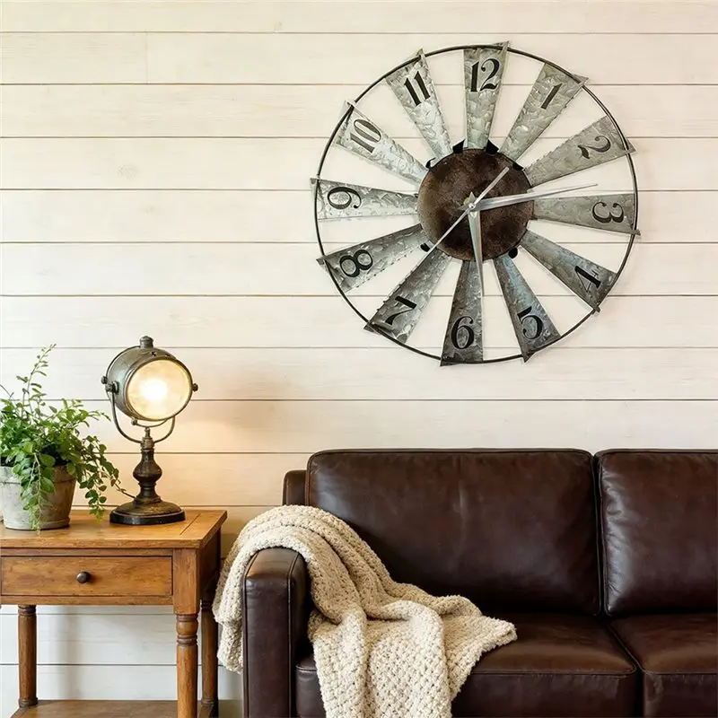 AB46-Windmill Distressed Wall Clocks Rustic Large Decorative Clock Oversized Farmhouse Decor,Non Ticking