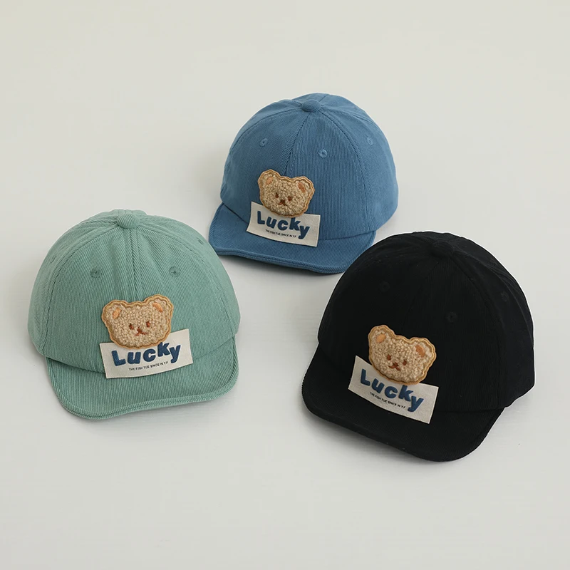 Korean Bear Baby Corduroy Baseball Hat Autumn Winter Toddler Soft Brim Peaked Cap Solid Color Cartoon Infant Boys Girls Bonnet