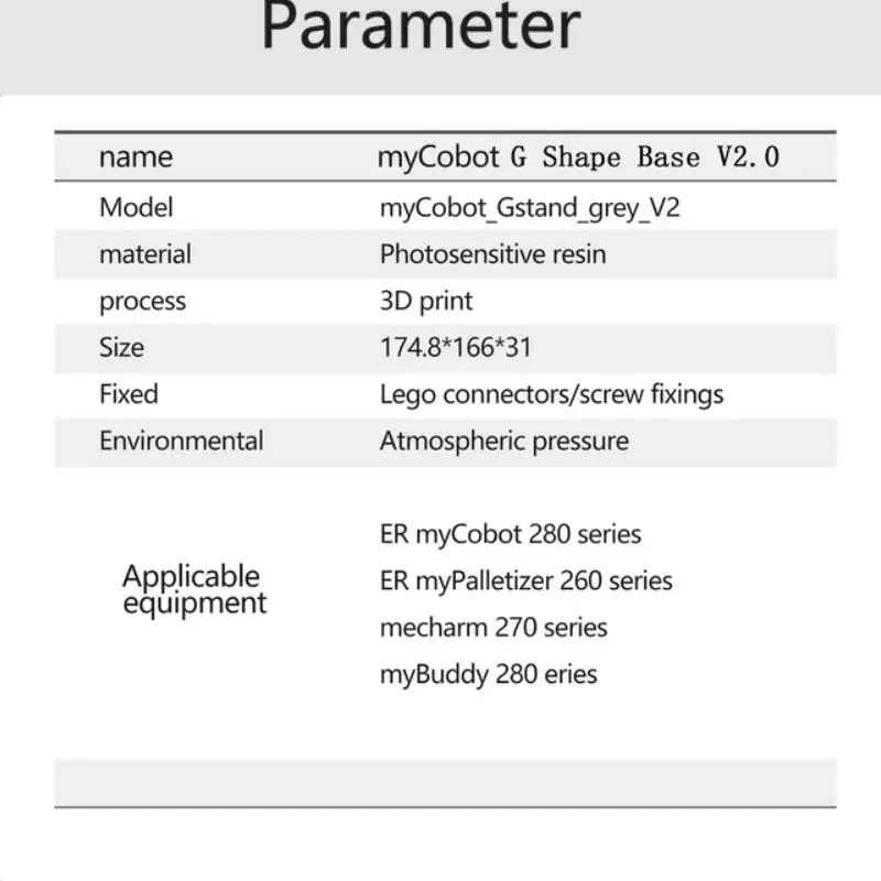 G Shape Base for MyCobot, MyPalletizer, MechArm, MyBuddy, Versão 2.0