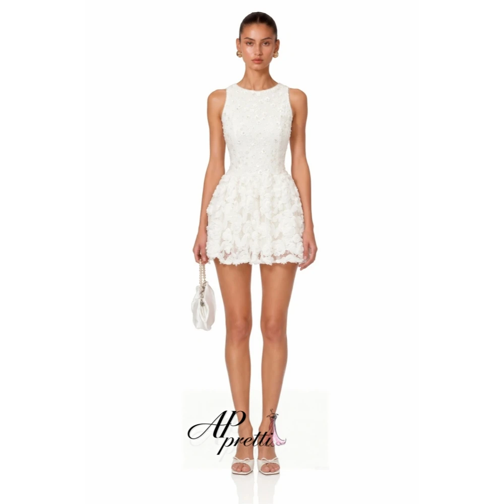 AP pretti White Sleeveless Round Neck Mini Dress 3D Floral Beaded Lace Evening Dress Customized Homecoming Short Party Prom Gown