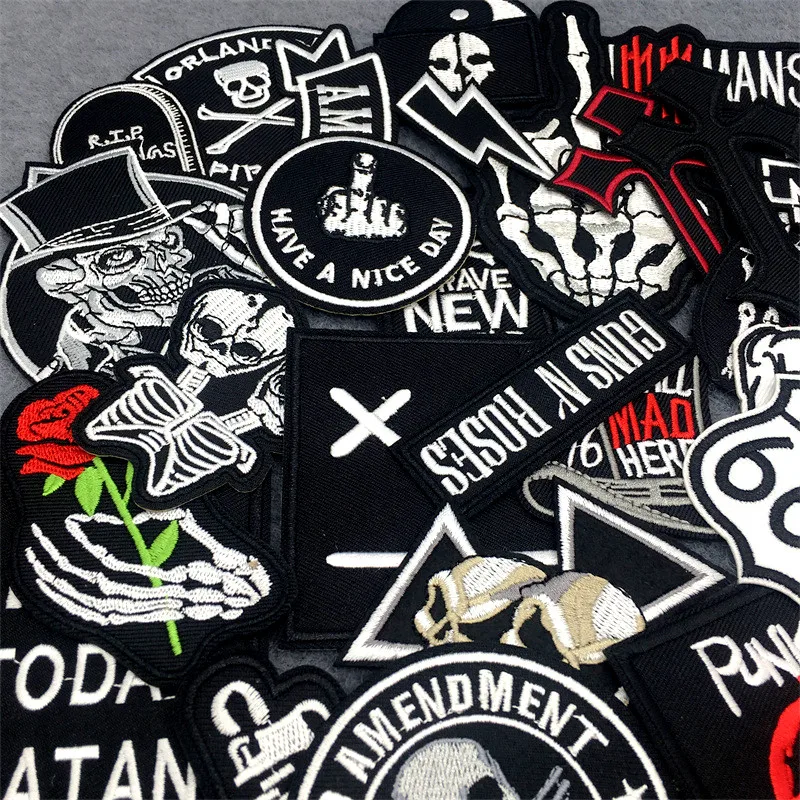 50pcs/lot Punk Patches on Clothes Embroidered DIY Iron on Patches for Clothing Jacket Jeans Stickers Black White Appliques