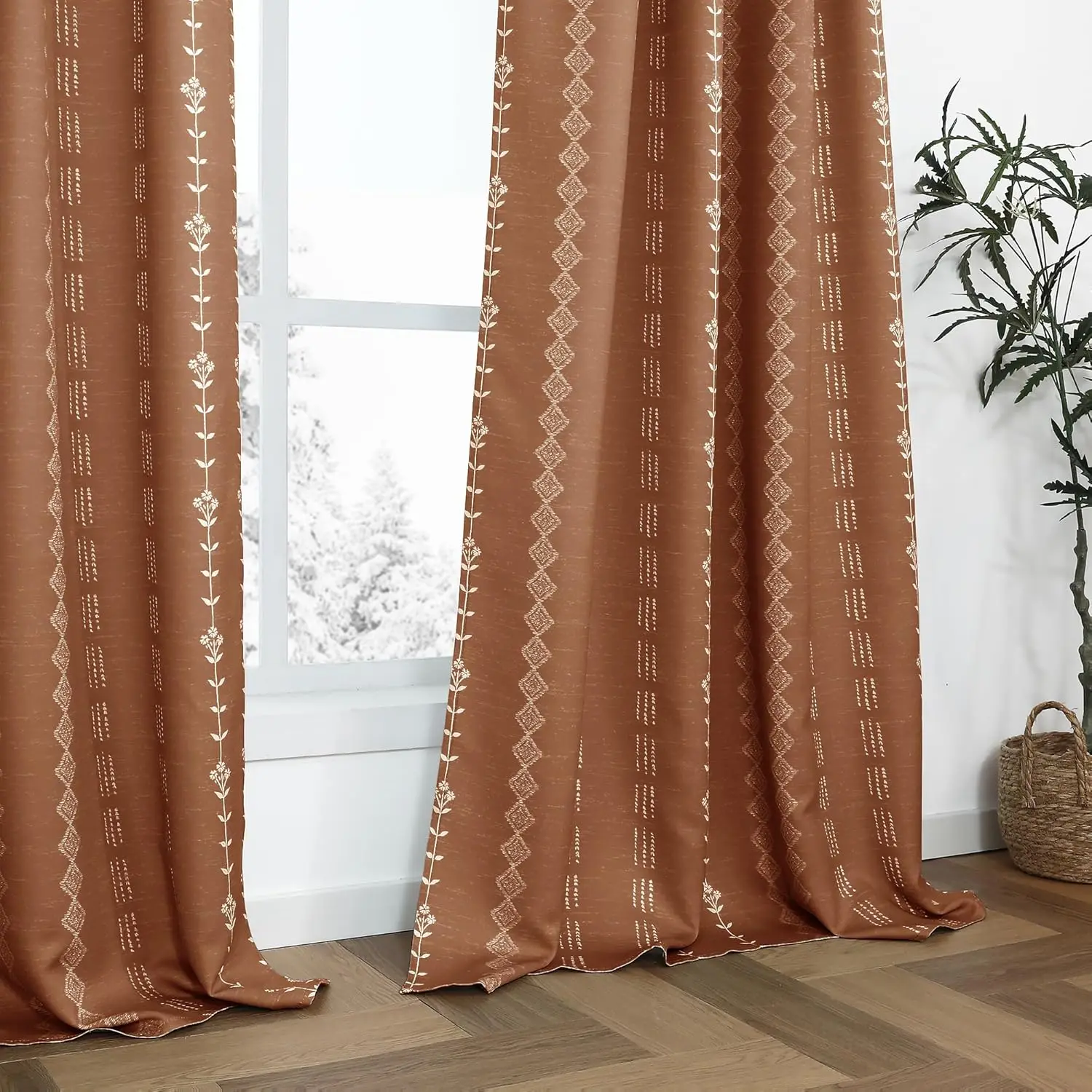 

Boho Blackout Curtains 84 Inch Long for Bedroom, Rust Orange Floral Drapes, Set of 2