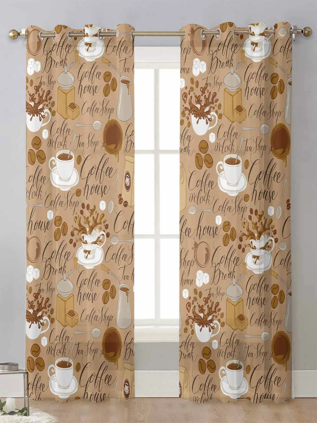 Coffee Coffee Beans Coffee Cup Sheer Curtains For Living Room Window Transparent Voile Tulle Curtain Cortinas Drapes Home Decor