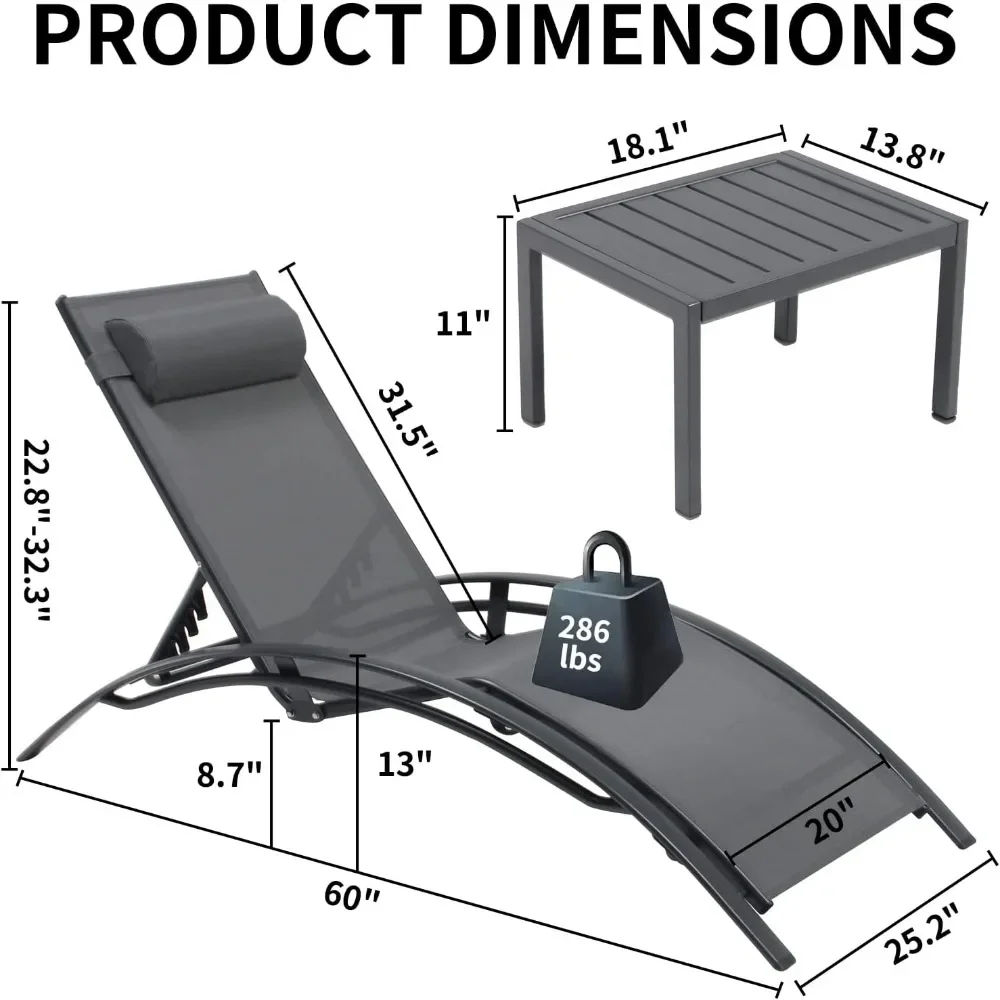 Patio Chaise Lounge Chair Set Of 3,Aluminum Outdoor Lounge Chair With Headrest,Sunbathing Lounger|