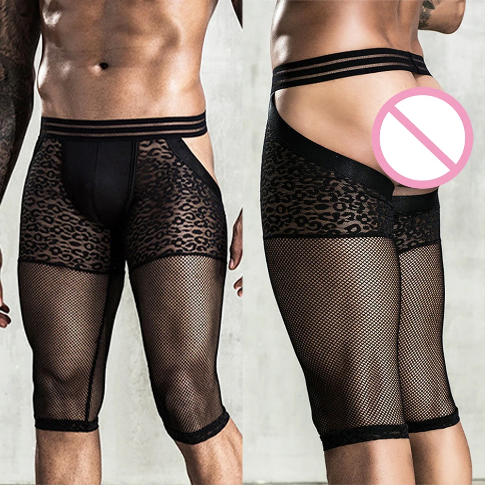 ملابس داخلية ليوبارد للرجال، شورت بوكسر شبكي شفاف، مؤخرة مفتوحة، حقيبة منتفخة، قابلة للتنفس وقابلة للتمدد، M/L، سباندكس، أسود