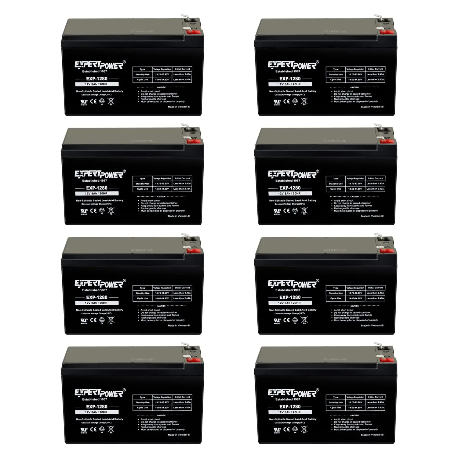 12V 8AH AGM SLA Battery for Alarm System UPS Backup, F2 Terminals, 8 Pack, Customized