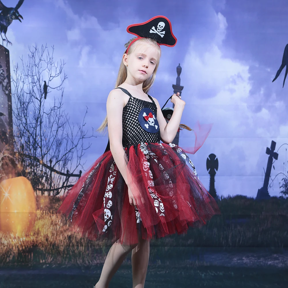 Pirate Tutu Dress for Girls Halloween Costume Kids Party Dresses Baby Girl Fancy Dress Children Cosplay Skull Pattern Dress