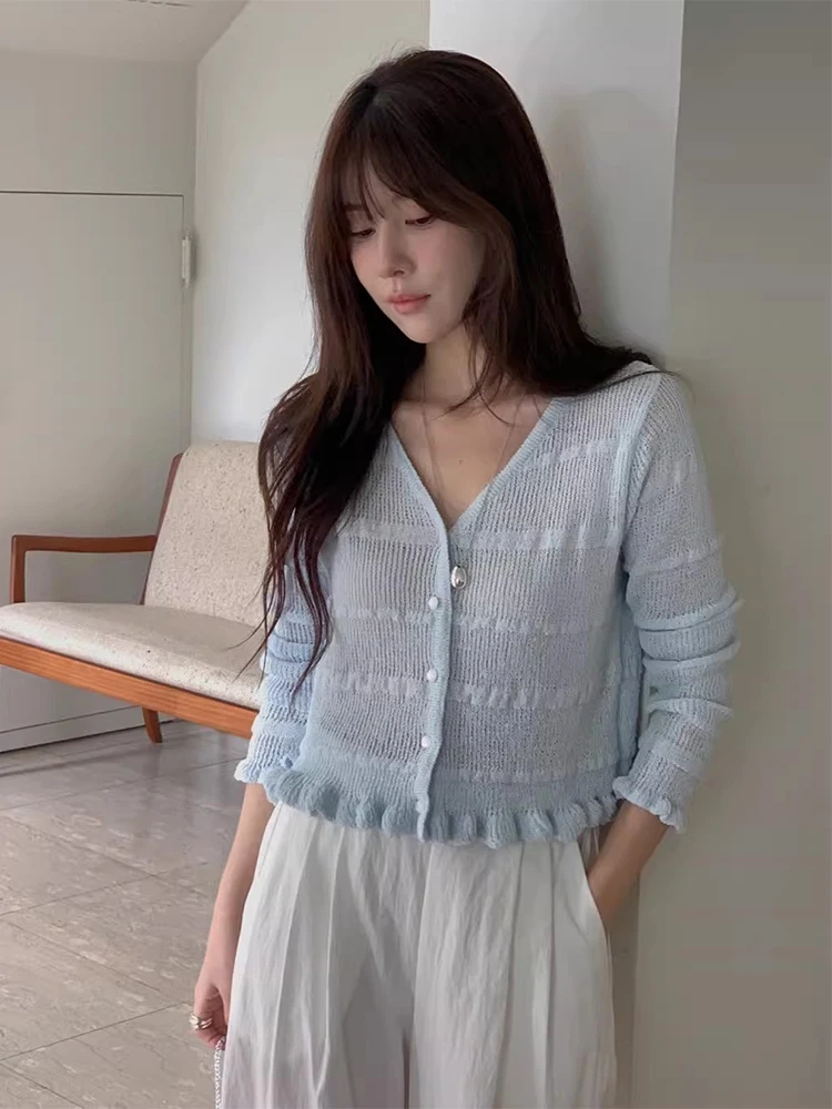 

Sweet ort Sve V-Ne Knitted Cardigan Women's Spring Summer New Sle Thin Wood ain Ruffle Air Conditioning Top