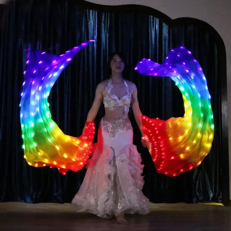 Belly Dance Costume  Led Lighted Gradient Silk Fan Veil Bellydance Accessories LED 100% Silk Veil Fan