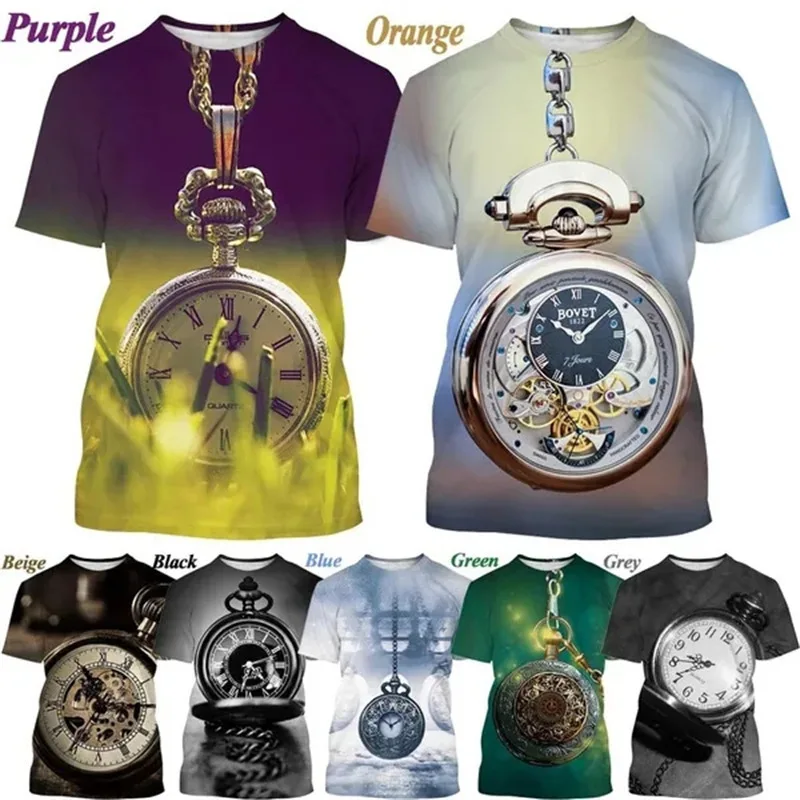 

Men's clothing casual graphic T-shirt 3D digital printed pocket watch pattern short sleeved loose round neck top for men