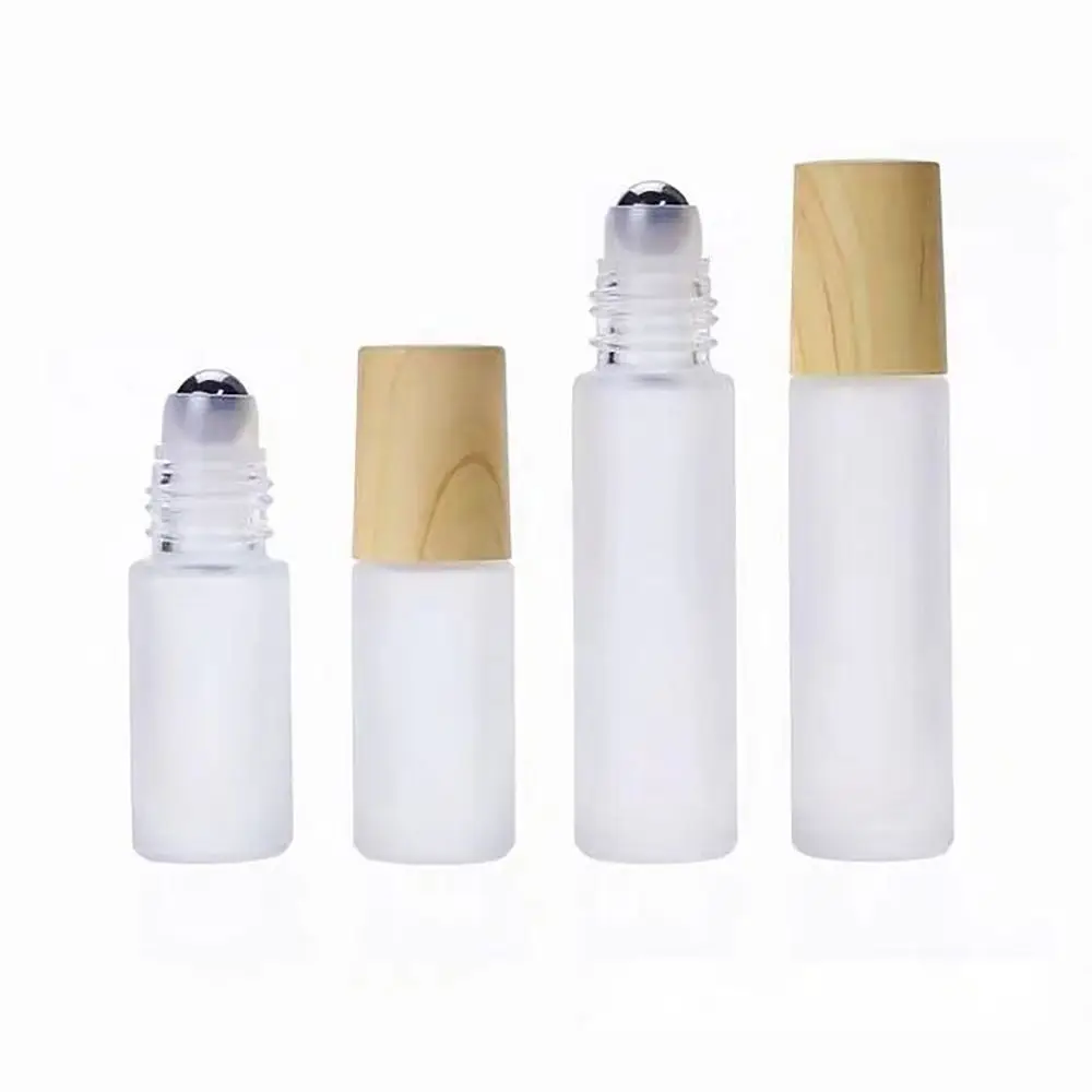 5/10 ml Lege Fles Matglas Roll op Stalen Bal Essentiële Olie Flesjes Houtnerf Cover Roller Ball massager Parfum Olie Crème