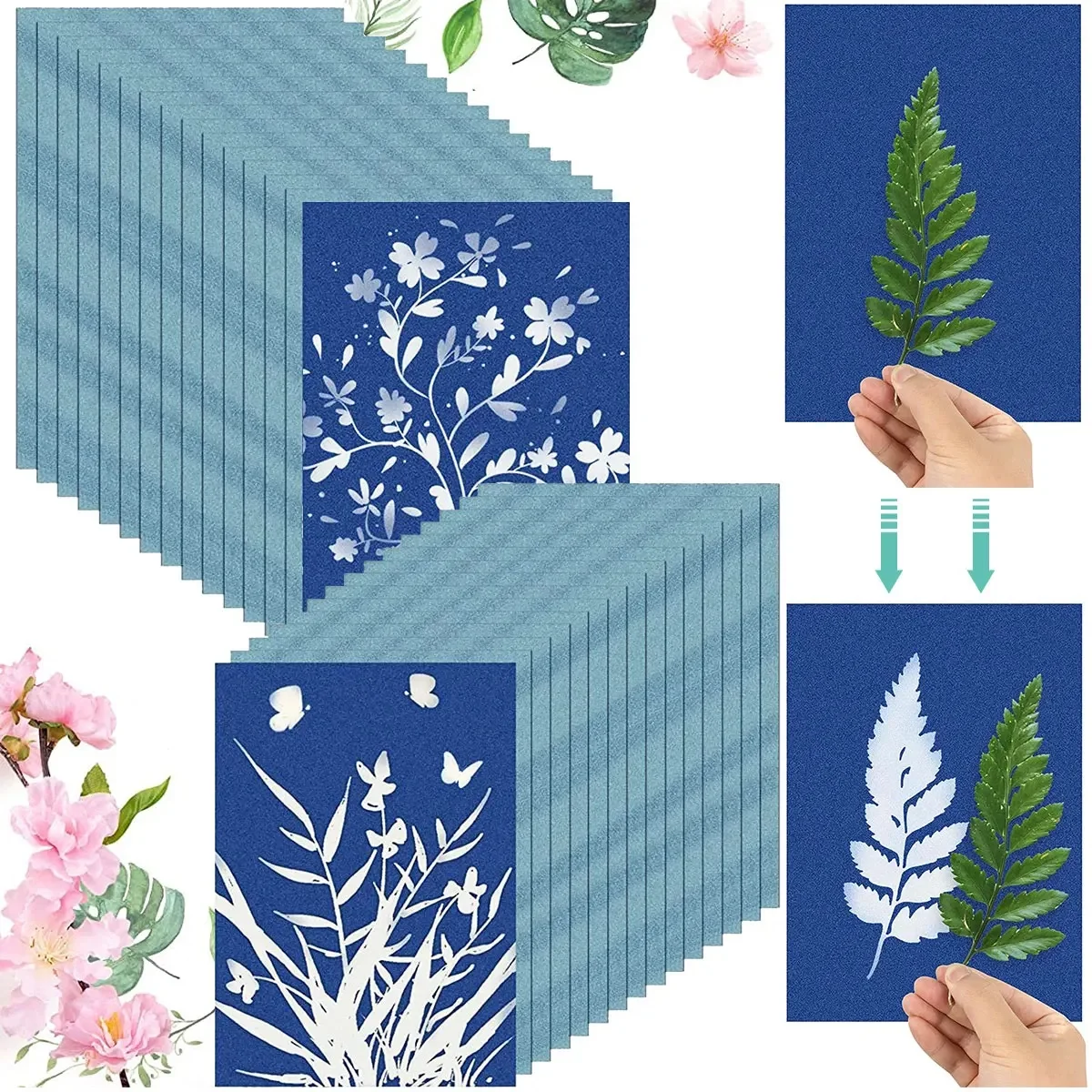 80/24pc Cyanotype Paper Silhouette Painting Nature Printed Paper for Kid Craft Class DIY Art Crafts Sun Print Paper Easy Drawing