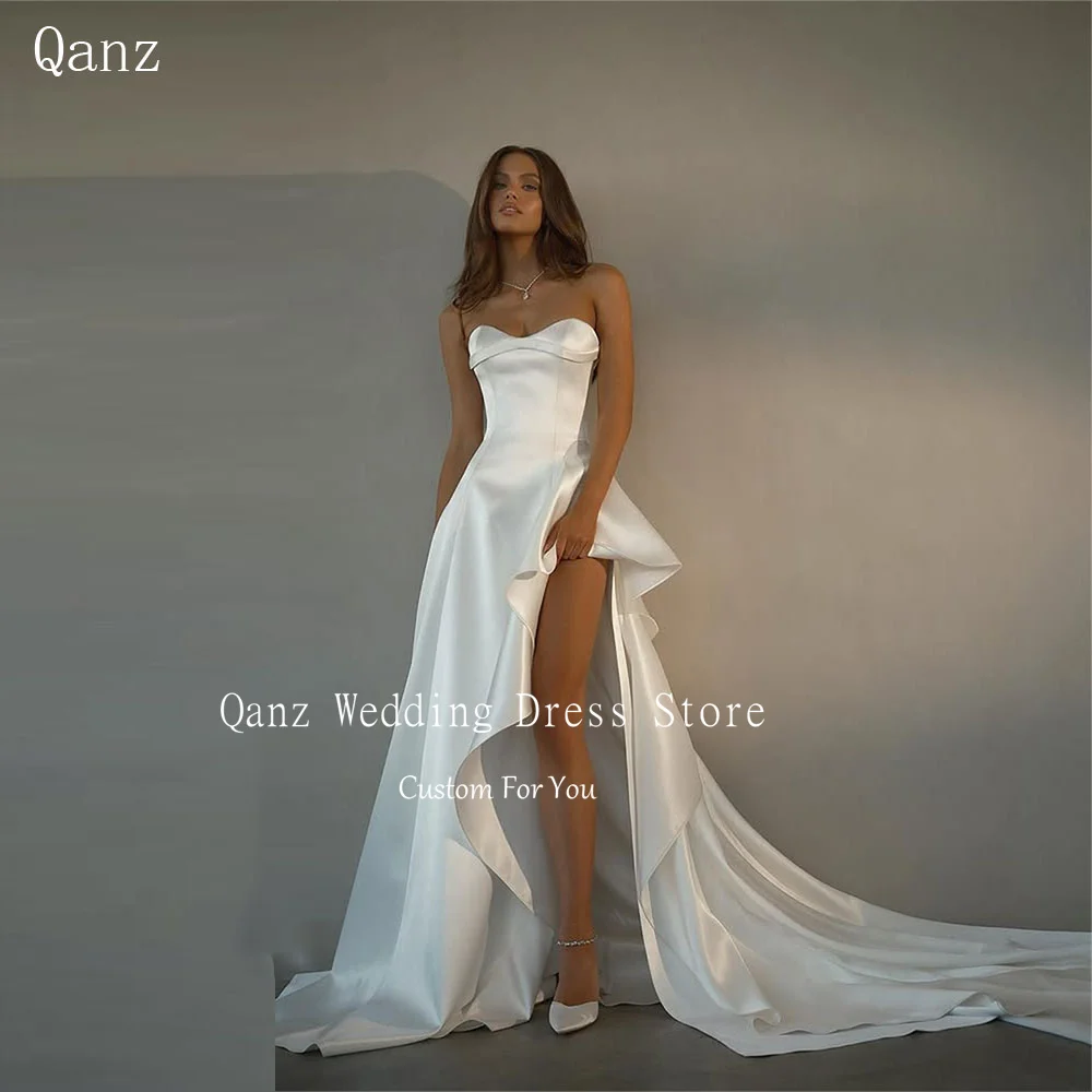 

Qanz Minimalism Wedding Dress High Side Slit Satin Sweetheart Vestido Boda Civil Long Sweep Train Robe De Mariée Customized