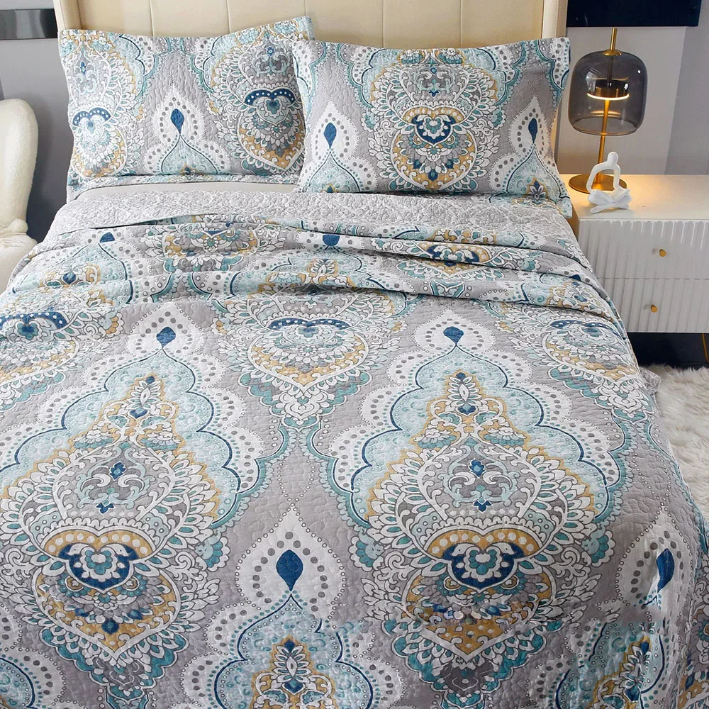 Printed Cotton Quilt Set Summer Comforter 3PCS Bedspread on the Bed Reversible King Queen Size Quilted Coverlet Bed Cover