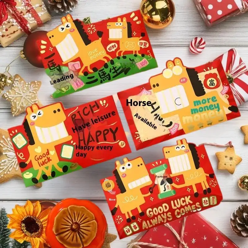 2026 envelopes vermelhos do ano do cavalo (4 peças) - pacotes de dinheiro da sorte do ano novo chinês para crianças, conjunto de presente do cavalo do zodíaco