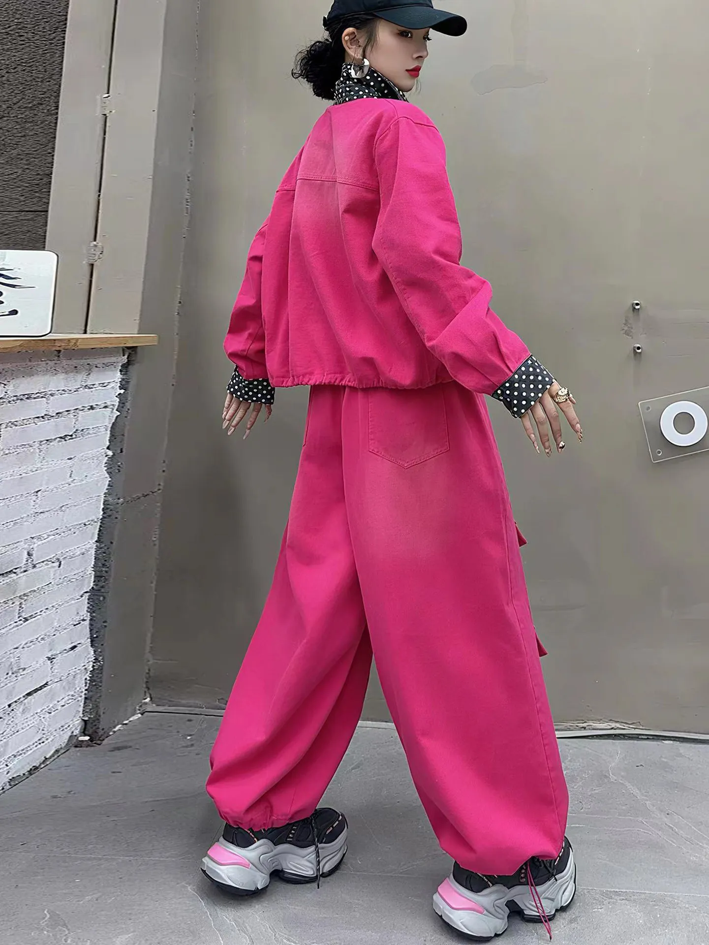 High Street Color Blocking Women Denim Set Embroidery Sequins Turn-down Collar Loose Cardigans Coat + Elastic Waist Cargo Pants