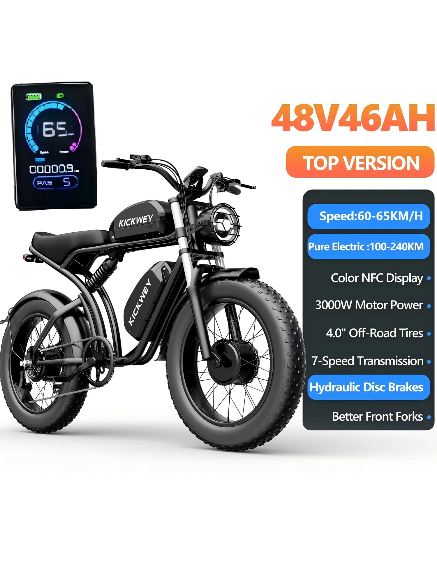 KICKWEY K7 Electric Bike, 3000W Off-Road Electric Bicycle, Full Suspension E-Bike, 20" Fat Tire All-Terrain Electric Dirt Bike image 3
