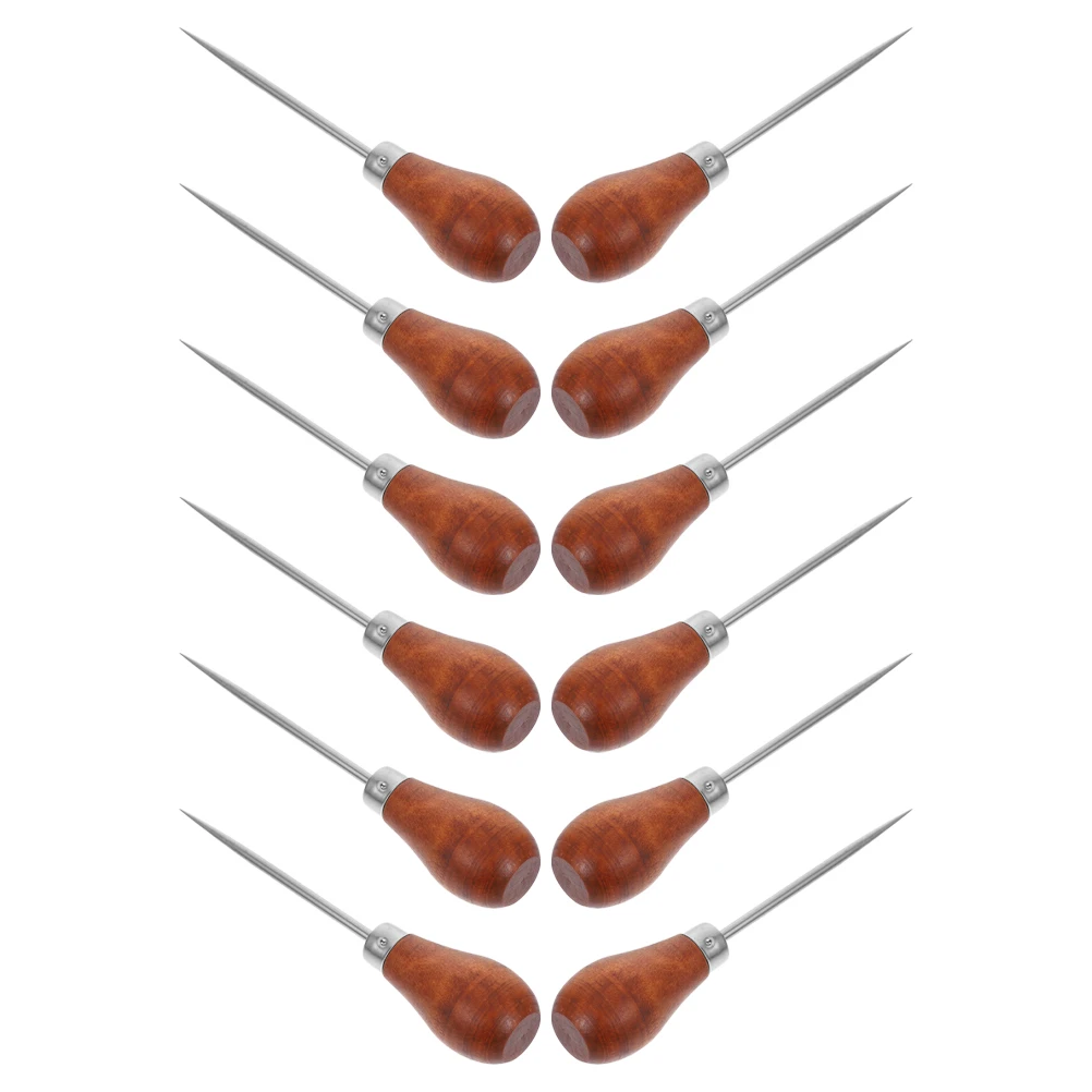 

12Pcs DIY Book Binding Awl Gourd Shape Metal Tip Tool for Paper Piercing Comfort Grip Wood Handle Multi Function