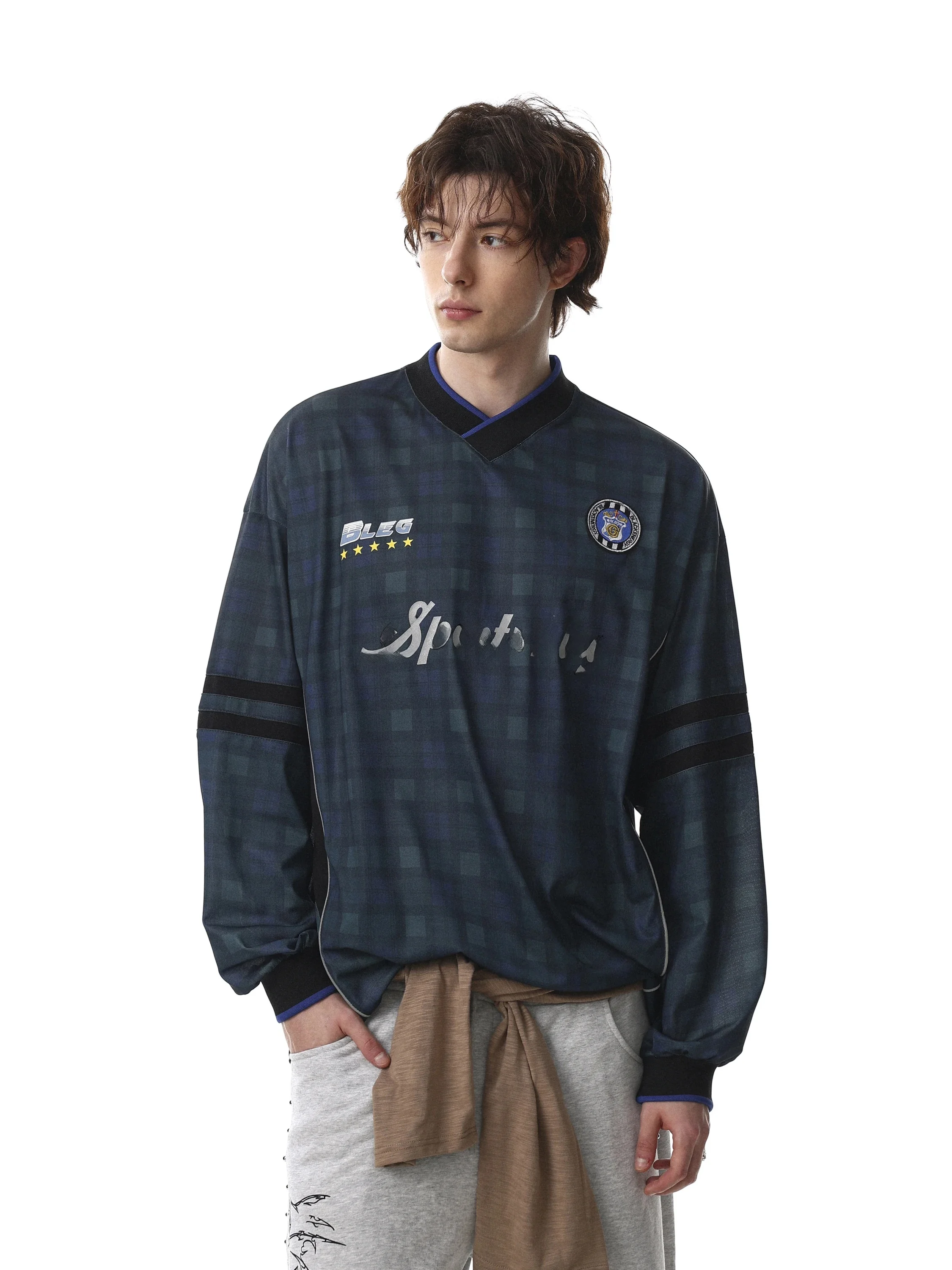 MRNEARLY American Retro Style Color Block Long Sleeve T-Shirt Men's Street Sports Loose V-neck Fashionable Polyester Cotton B...