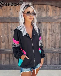 Sonbahar moda kadınlar uzun kollu Hoodies leopar baskı Patchwork fermuar hırka kapüşonlu eşofman üstü rahat gevşek Streetwear