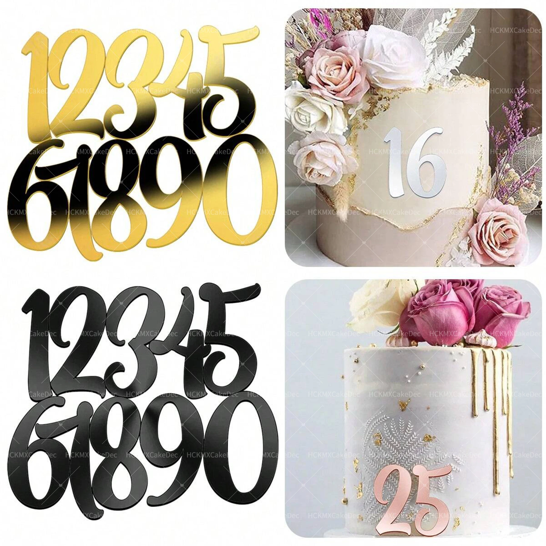 1set Digital 0-9 Gold Schwarz Acryl Kuchen Dekoration DIY Personalisierte Hochzeit Geburtstag Party Kuchen Dekoration – Detail 1