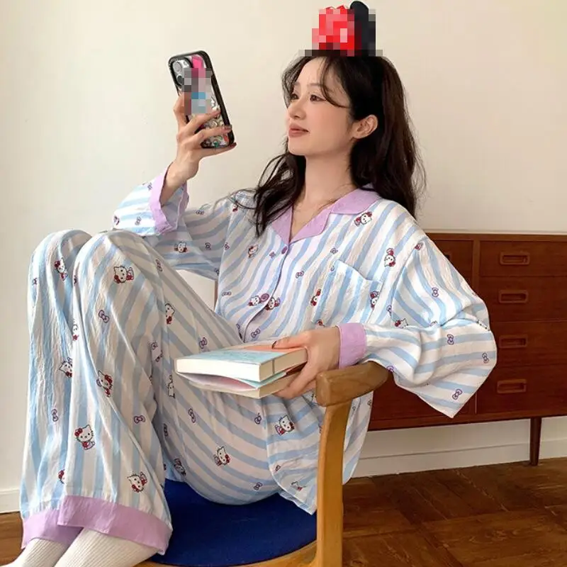 

Японские женские пижамы в клетку с мультяшным принтом, с длинными рукавами и брюками, для весны и лета, новые модели, с воротником «кукла», домашние комплекты для студентов