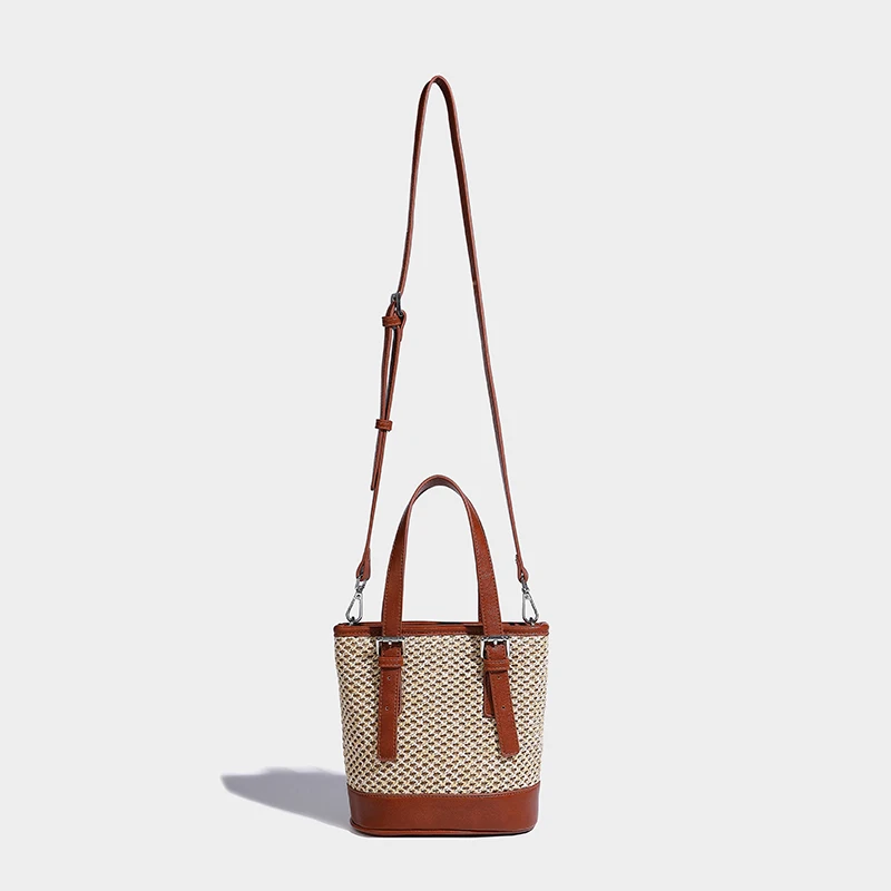 Summer New Color-blocked Woven Bucket Bag Holiday Style Beach Bag Exquisite And Versatile Armpit Bag Fashionable Crossbody Bag