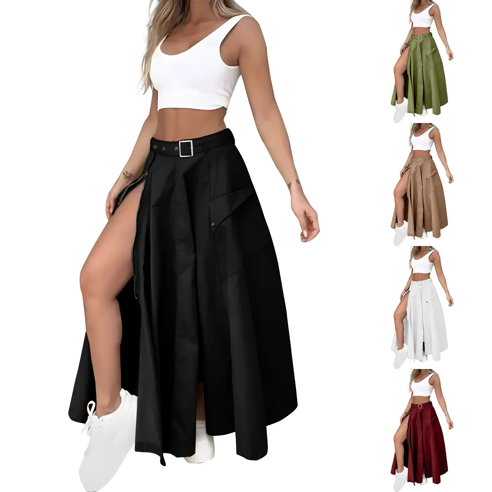 Women Striped Two Pieces Vest Tops Skirt Set Knit Solid Color V Neck Sleeveless Crop Tank Side Split Midi Skirts Sets