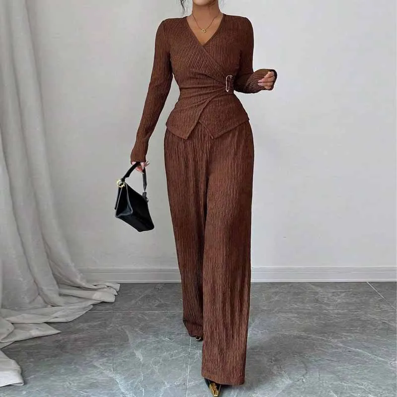 2026 Fashion Slim Solid Pant Sets for Women Long Sleeve V-Neck Wide-leg Women Pant Set Two Piece Sets Womens Outifits Q7215