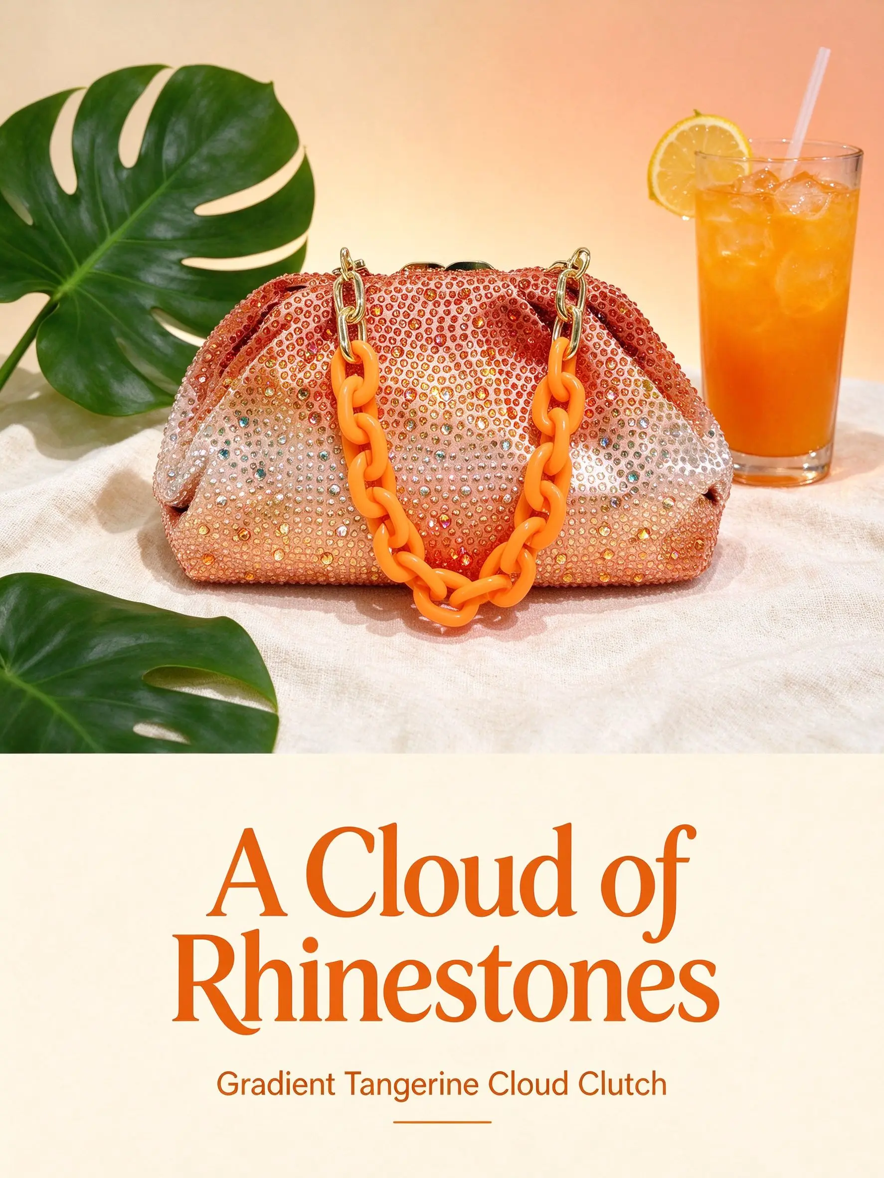 Bolso de mano con pedrería degradada para mujer, bolso de nube de cuero PU, bolso de fiesta de verano color mandarina con cadena gruesa de acrílico, bolso de mano para brunch y fiesta de graduación