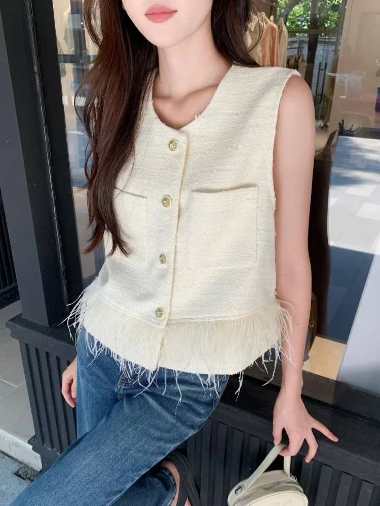 

SMTHMA 2025 New Autumn Tweed Vest Jacket Feminine Small Fragrant Style Fashionable Ostrich Feather Slim Woolen Short Top