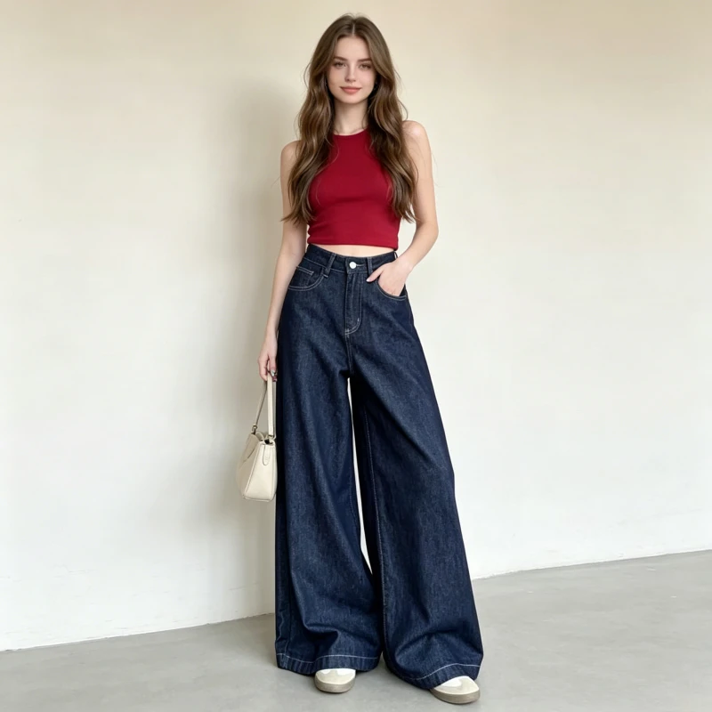 

Women Jeans Wide Leg Pants Vintage Denims Trousers High Waist Pockets Washed Distressed Streetwear 2026 Female Floor Length