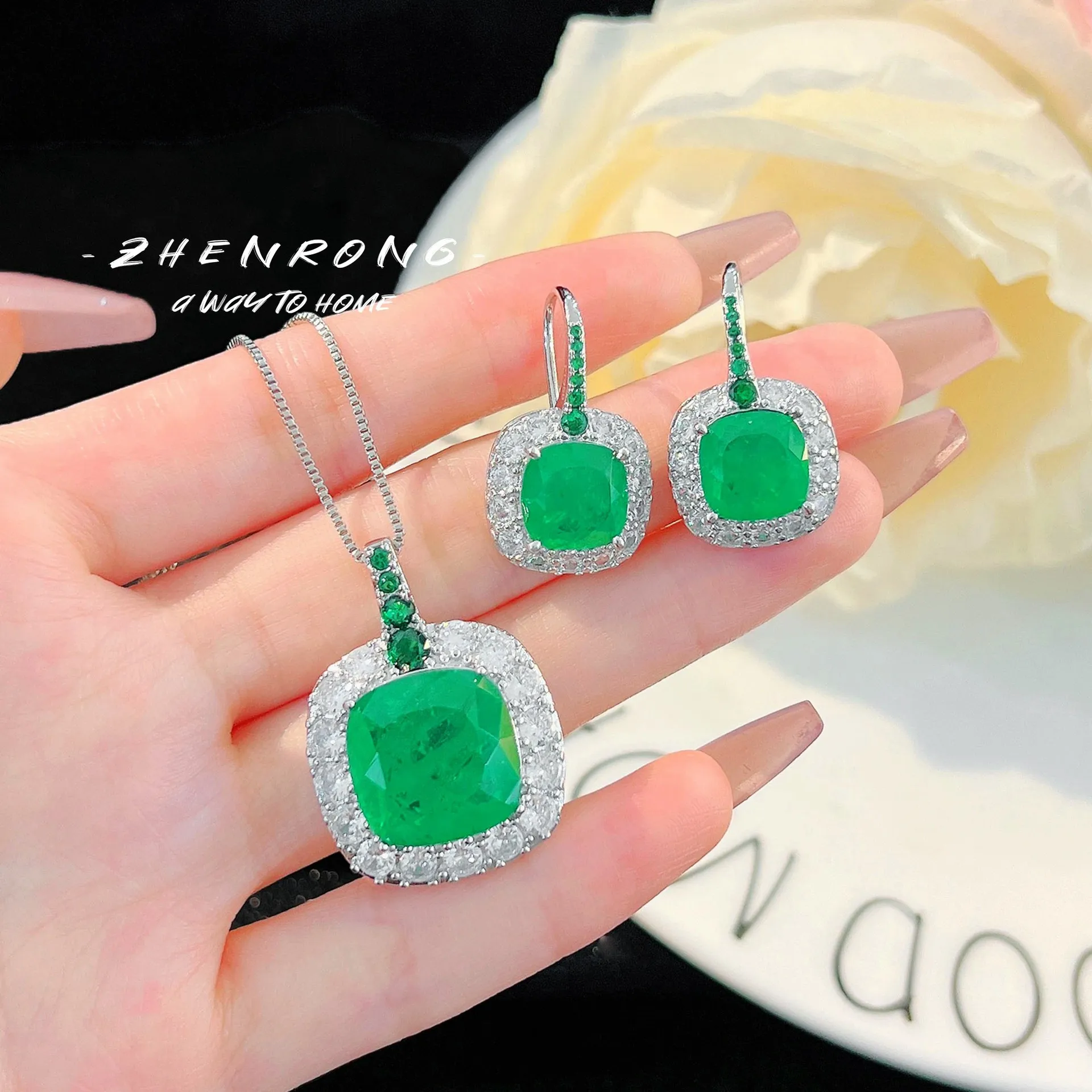 Foydjew New Luxury Large Carat Simulation Emerald Green Pendant Necklaces Drop Earrings Bridal Wedding Jewelry Sets For Women