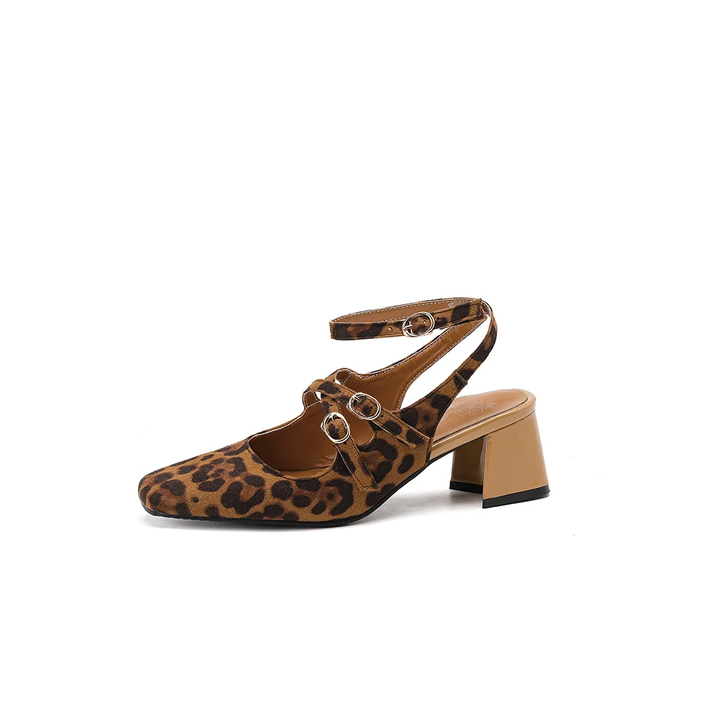  New Summer Sweet Black Leopard Women Sandals Fashion High Block Heels Lady Dress Shoes Plus Small Big Size 32 43 48 - view 2