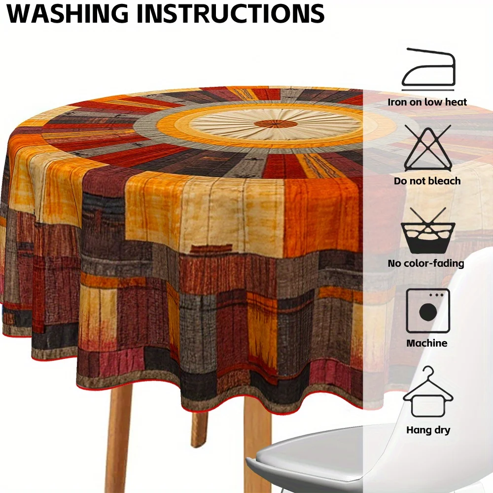 A rustic round patchwork tablecloth for Christmas, perfect for family meals and holiday celebrations