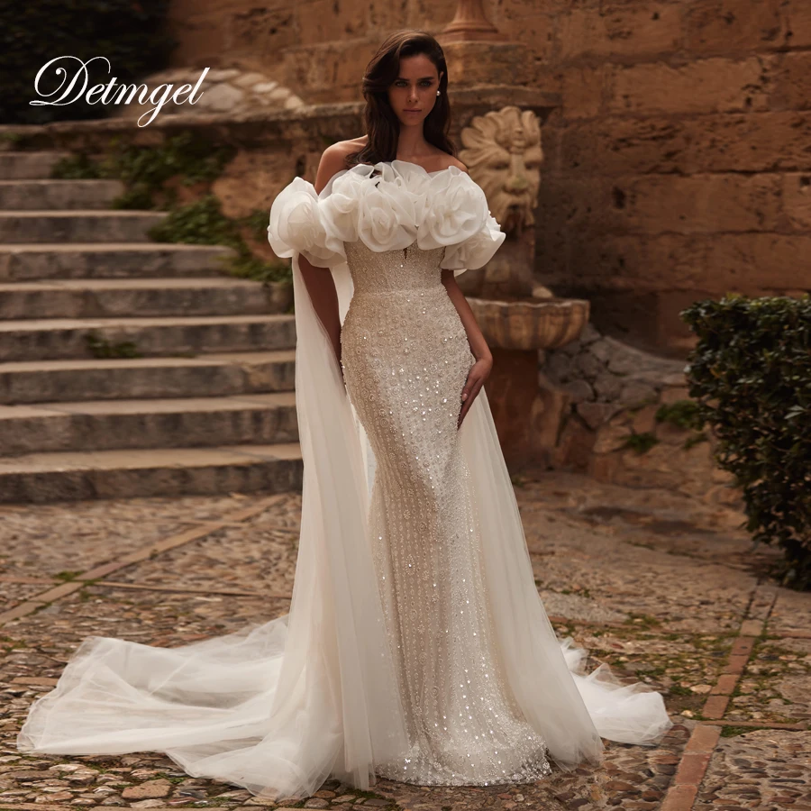 

Detmgel New Exquisite Mermaid Wedding Dresses Luxury V-Neck Beaded Lace Shawl Flowers Court Train Vestido De Noiva Customized
