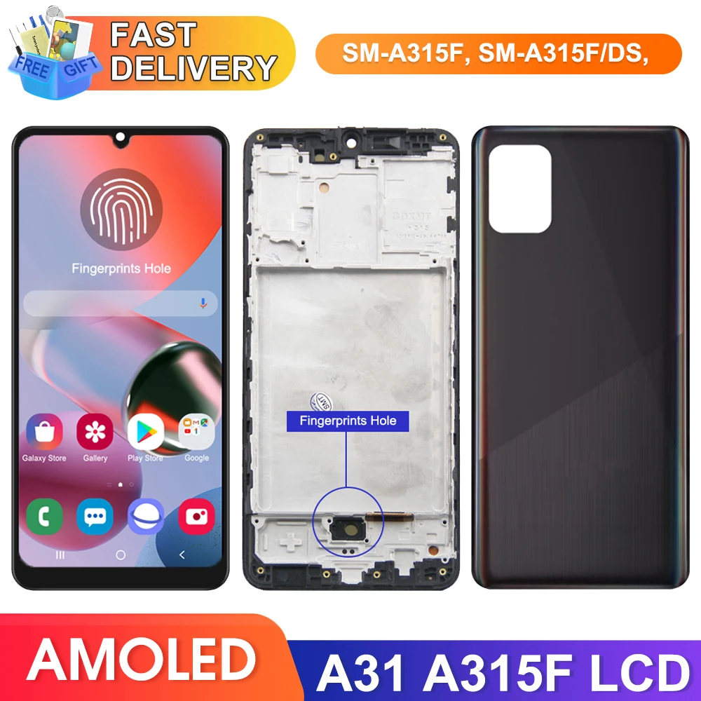 Super AMOLED A31 Display with Fingerprints, for Samsung Galaxy A31 A315 A315F Lcd Display  Digital Touch Screen with Frame