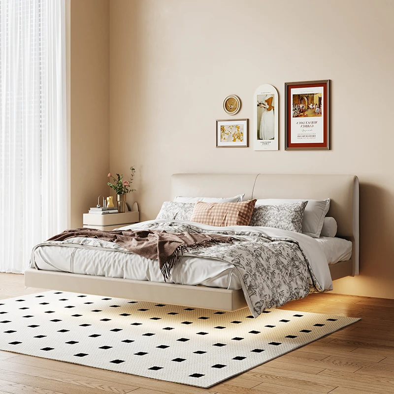 

Master bedroom leather bed First layer leather double ultra-thin bedside, suspended leather bed