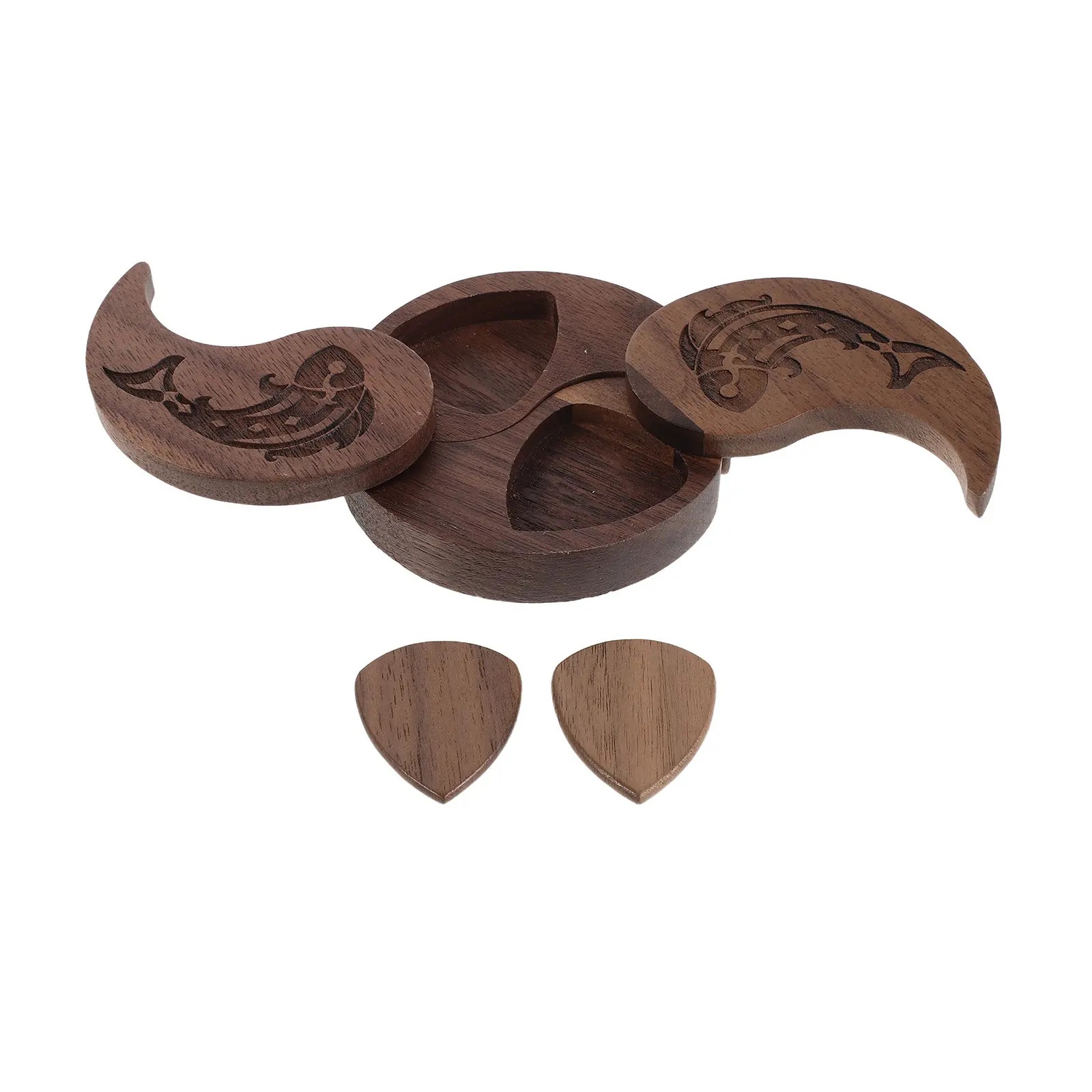 Wooden Guitar Pick Holder Portable Storage Box Engraved Cultural Design Secure Pick Organizer for Guitarists Music Accessories