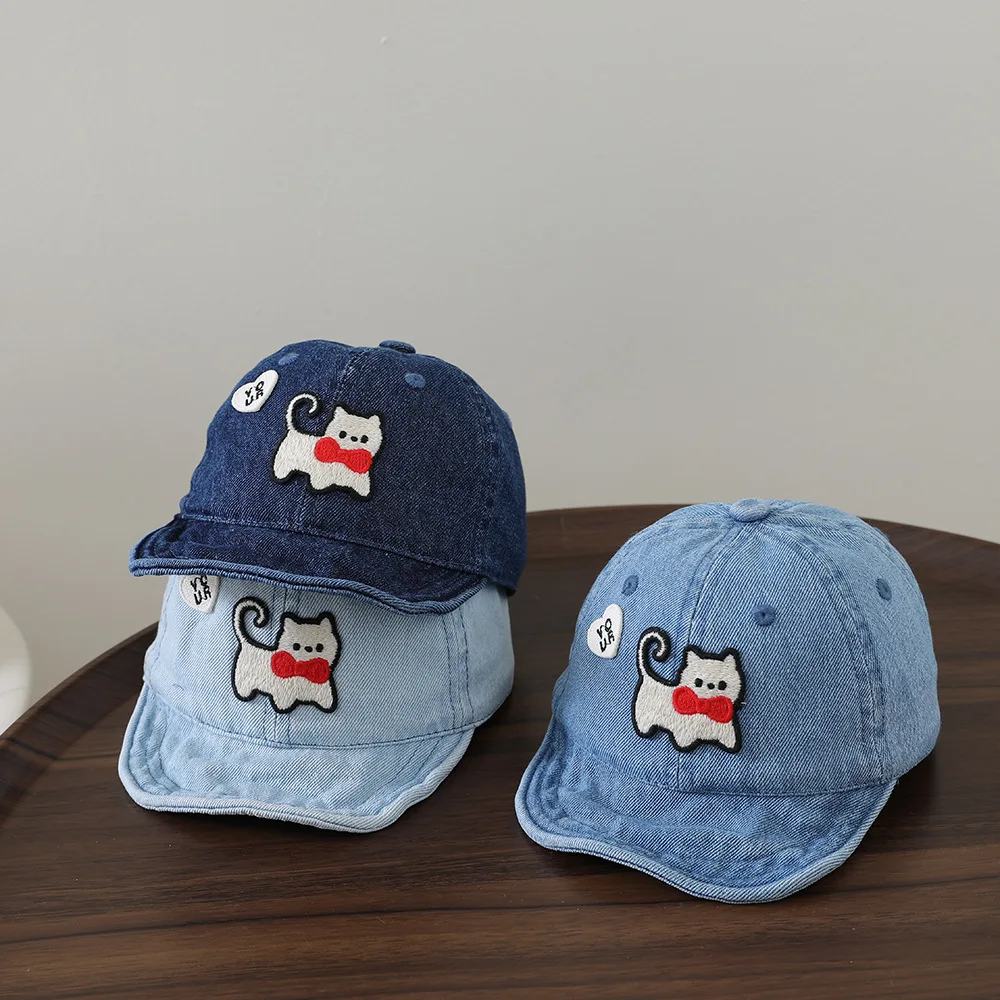 Children's washable denim soft-brimmed baseball cap with cat embroidery, duckbill style, cartoonish casual soft-top hat view 2