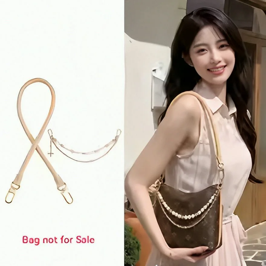 Vegetable Tanned Leather Replacement Shoulder Strap Adjustable With Pearl Decor Chain For Women Hobo Handbag Purse Modification Parts