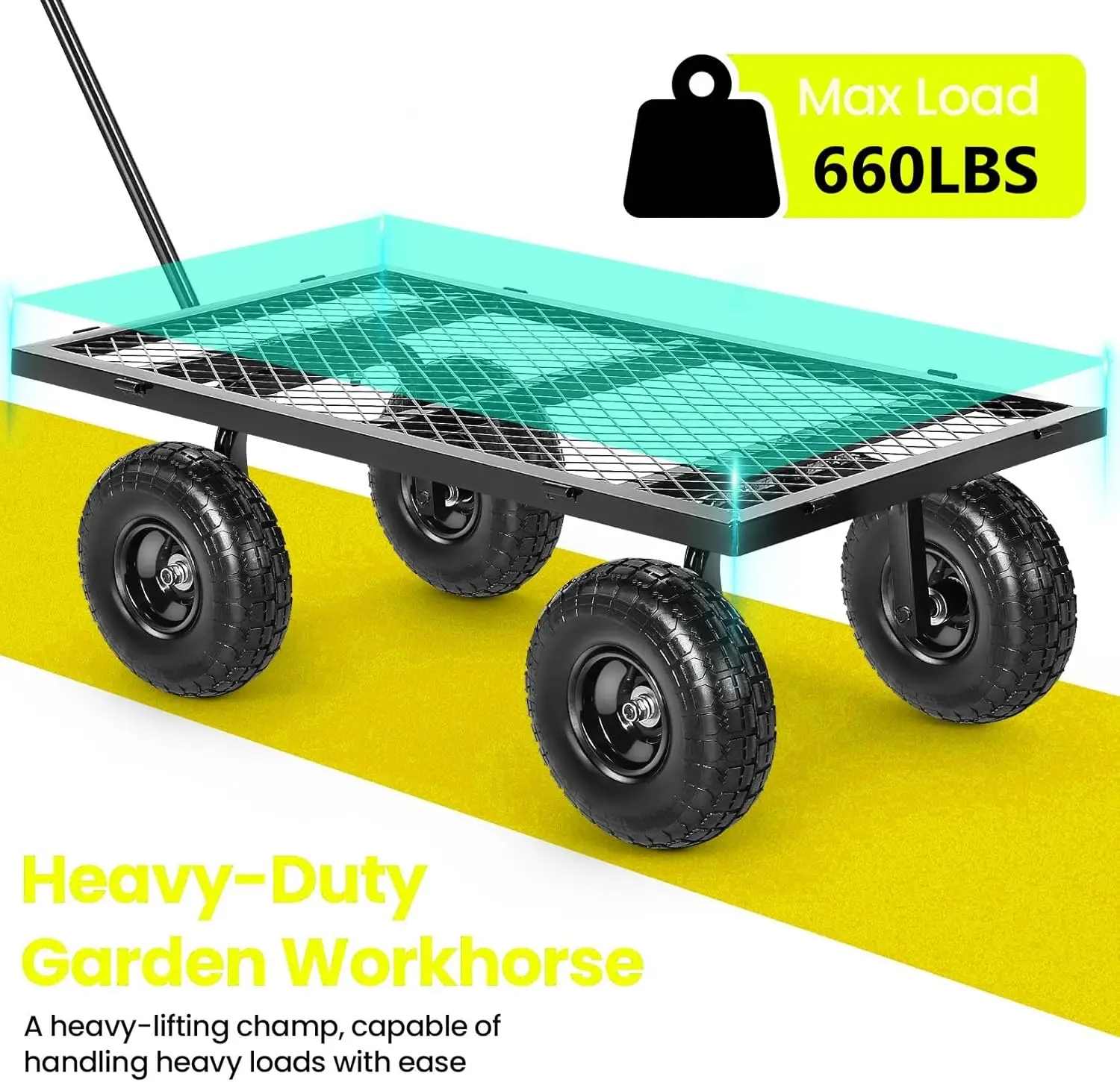 TEANDE Garden Cart, 660Lb Heavy Duty Garden Wagon, Mesh Foldable Garden Cart with 180° Rotating Handle, Pullable Garden Wagon