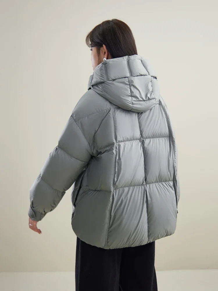 DUSHU 131G Filling Capacity Women Commuter Light Grey Short Fashion White Duck Down Coat Detailed Seam Design Female Down Jacket