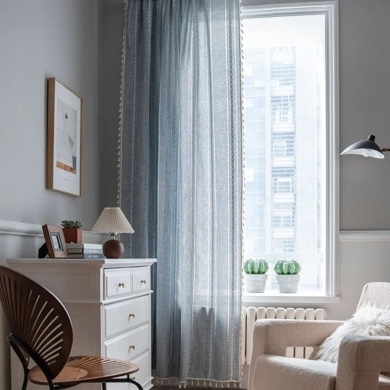 Cotton Linen Knitting and Embroidery Window Curtains for Living Room Short Vintage Home Decoration Tassel Drapes Kitchen Valance