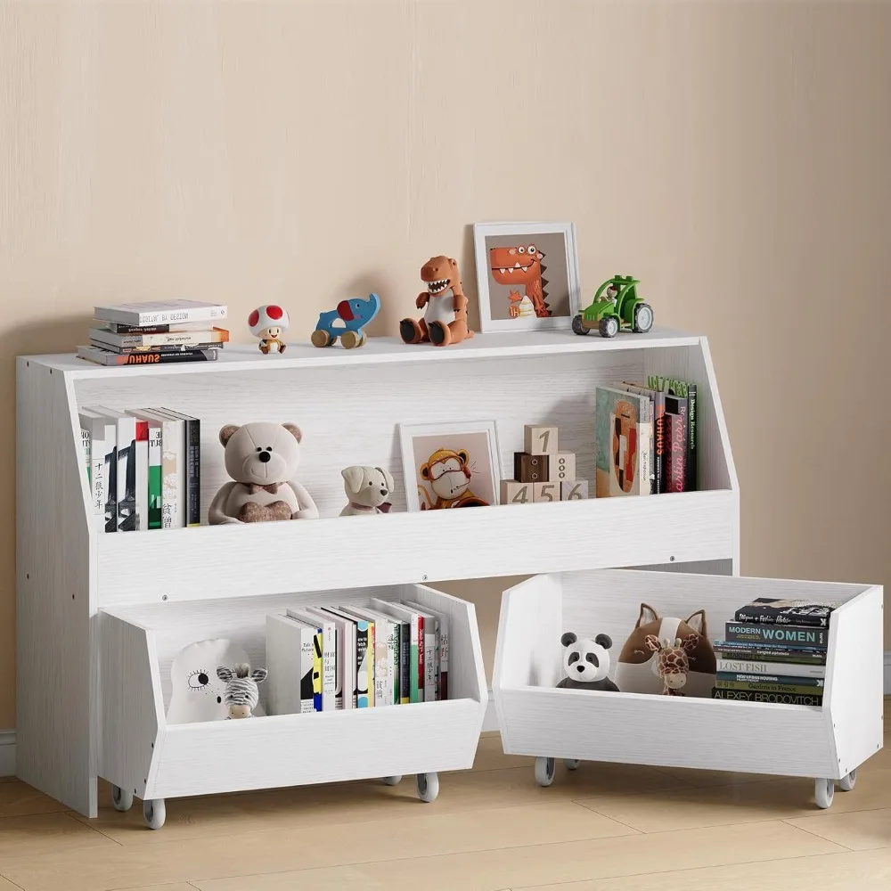 Toy Storage and Organizer for kids, Boys and Girls Bookshelf Bookcase and Storage Bin with Moveable Trolly