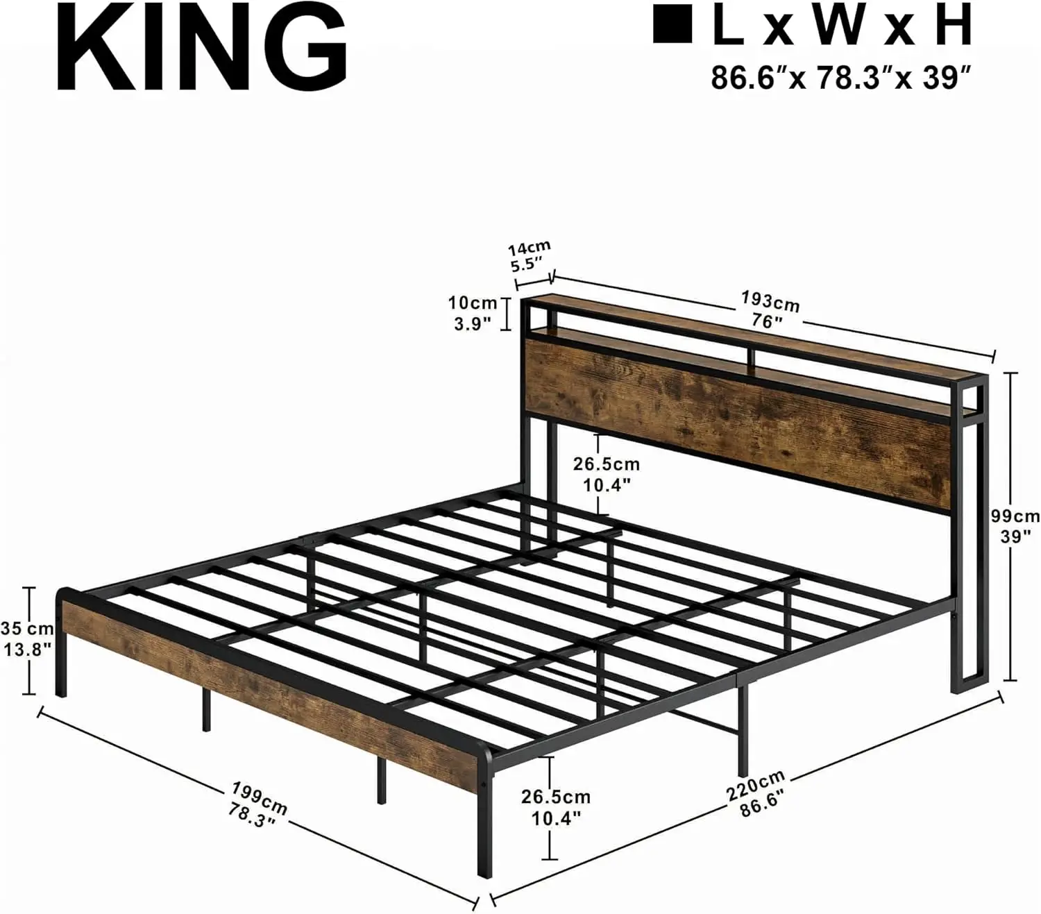 King Size Bed Frame, Platform Bed with 2-Tier Storage Headboard, Solid and Stable, Noise Free, No Box Spring Needed,