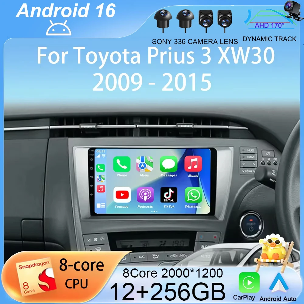 Android 16 Carplay Car Radio For Toyota Prius 3 XW30 2009 - 2015 LHD RHD Multimedia Video Player Navigation GPS Stereo Head Unit