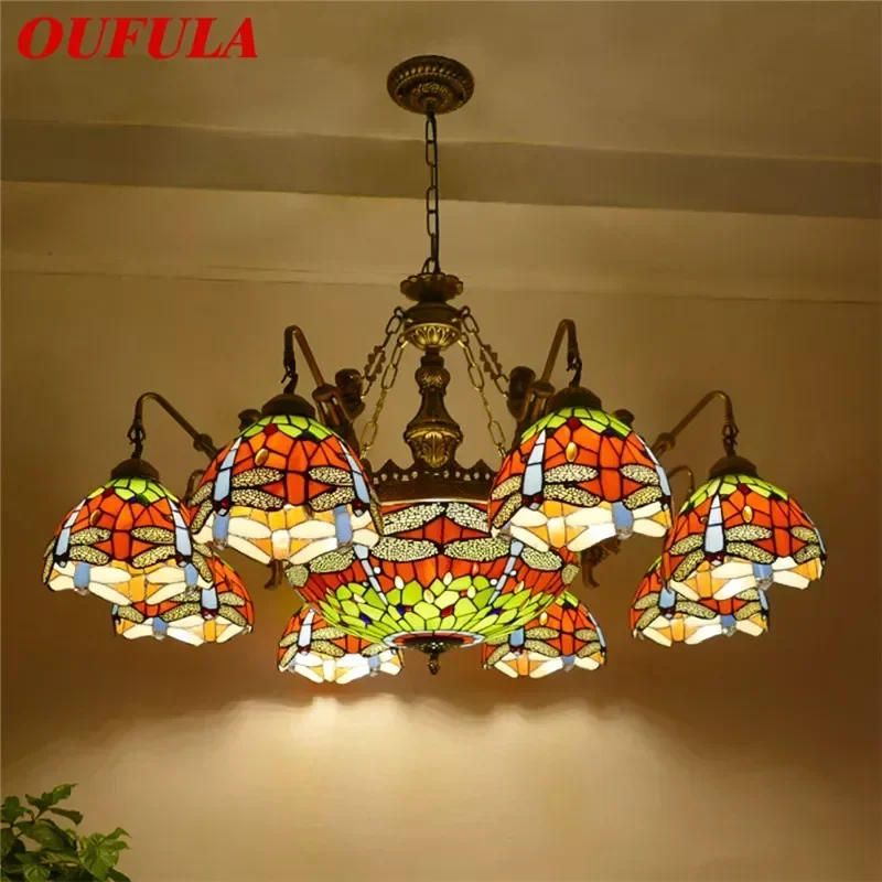 

OUFULA Tiffany European Living Room PendantLamp Vintage Creative Color Glass restaurant Bedroom Hotel Villa Chandelier Specifica